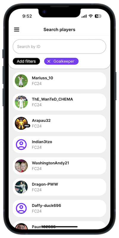 Search for clubs or players adding filters like country, level or position